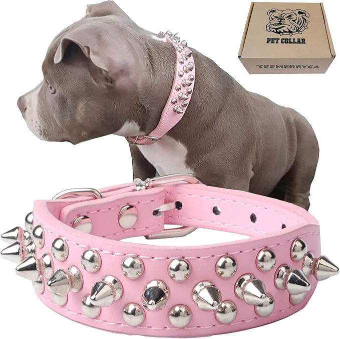 Unique TEEMERRYCA Adjustable Leather Spiked Studded Dog Collars Reusable