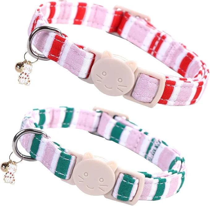 Dependable Elegant little tail 2 Pack Cat Collar-Pink Strip Cotton Breakaway Cat Collars Durable