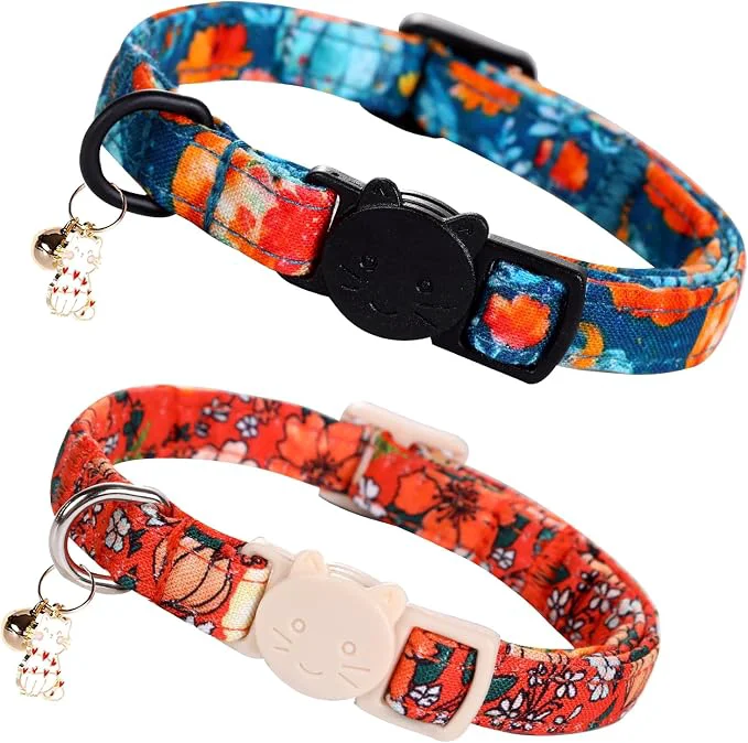 Durable Elegant little tail Halloween Cat Collar-2 Pack Pumpkin Print Fall Cotton Carefully Designed