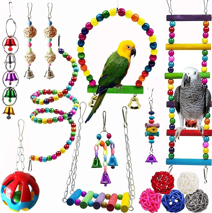 Expertly Made Hamiledyi Bird Parrot Swing Chewing Toy Set 15PCS Wooden Hanging Bell Elite