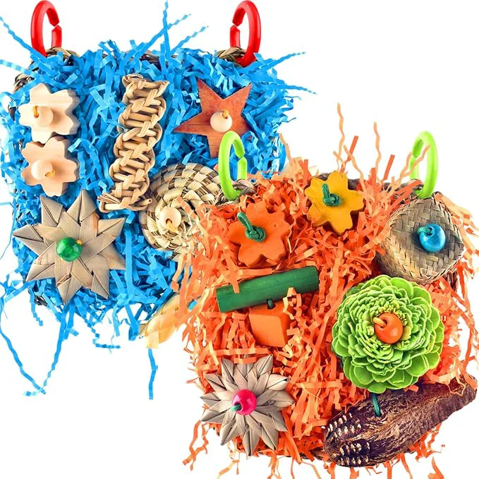 Natural KATUMO Bird Toys 2 Pack Bird Grass Mat Foraging Wall Toys Parrot Shredder Toys Crafted