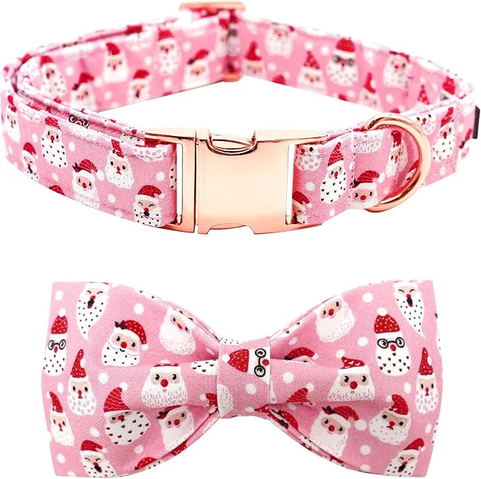 Trendy Dog Collar Christmas Pink Santa Claus Cotton Pet Collar Bow Holiday Girl Boy Fast
