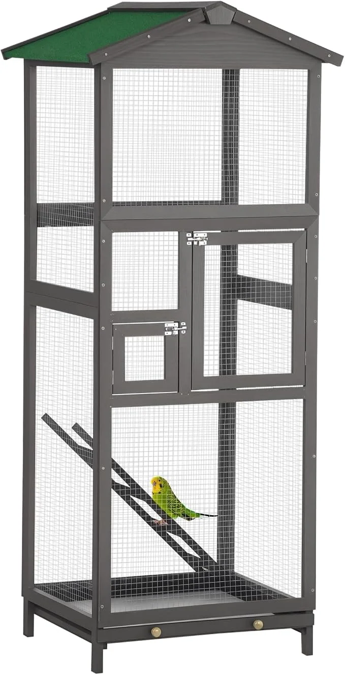 Selected PawHut 65 Wooden Bird Cage Outdoor Aviary House Enhanced
