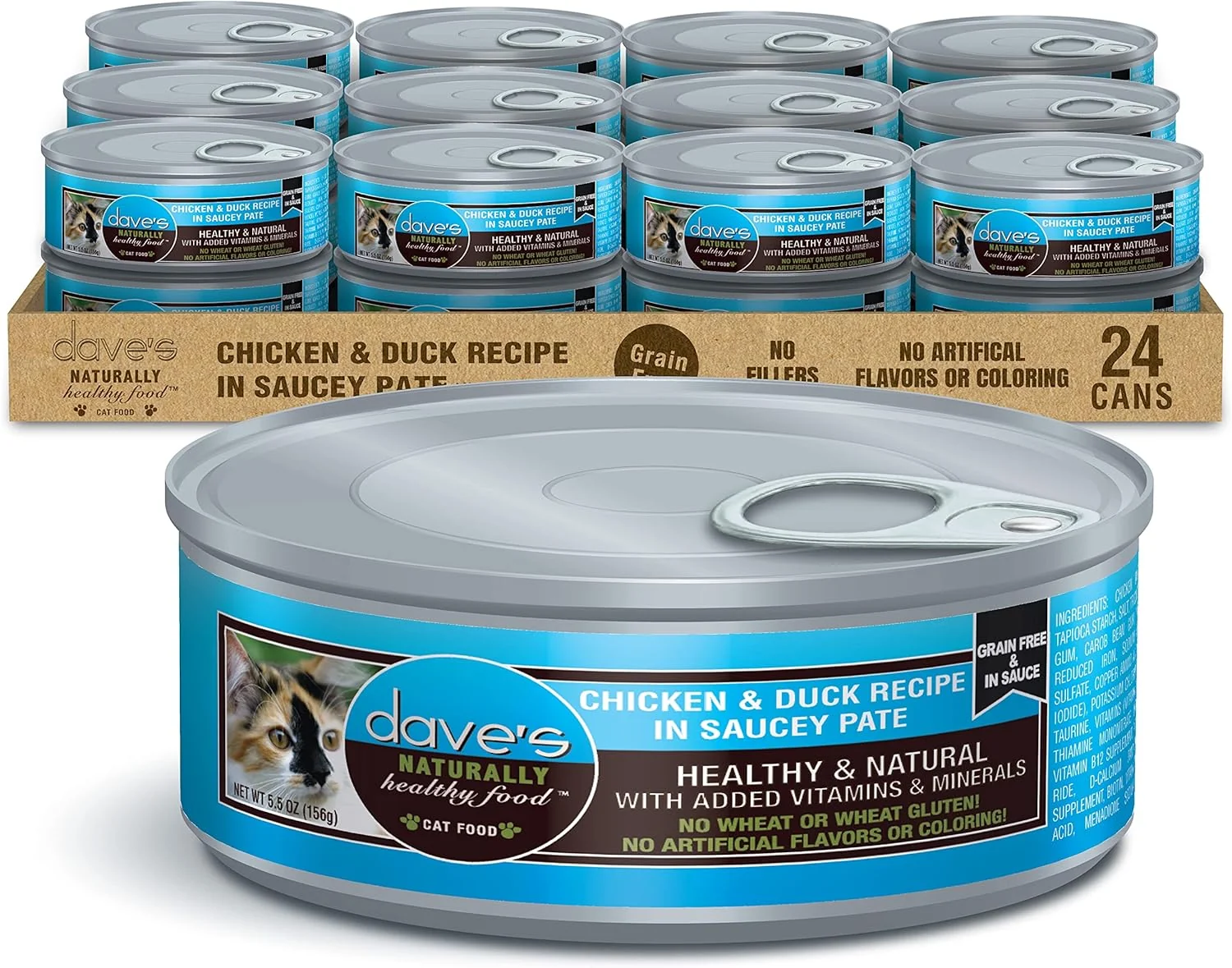 Elite Dave's Pet Food Grain Wet Cat Food Chicken Duck Saucey Pate Naturally Healthy Canned Added Vitamins Minerals Wheat 5.5 oz 24 Pack Professional