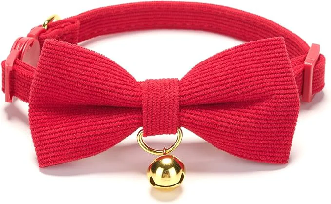 Casual Soft Corduroy Cat Collar with Bell and Bowtie Safety Breakaway Clasp Traditional