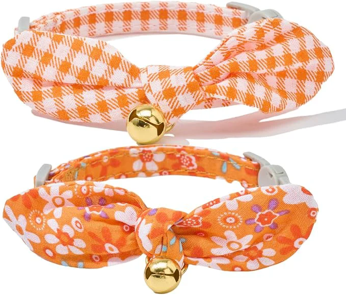 Comfortable 2 Pack Cotton Cat Collar Removable Bowtie Floral Pattern Safety Breakaway Functional