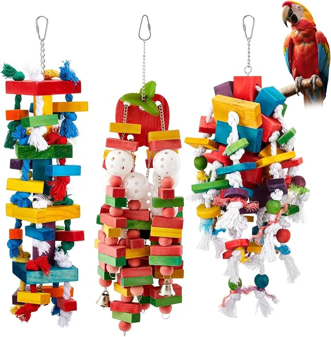 Safe 3 Pcs Extra Large Bird Parrot Toy Multicolored Natural Wooden Parrot Cage Casual