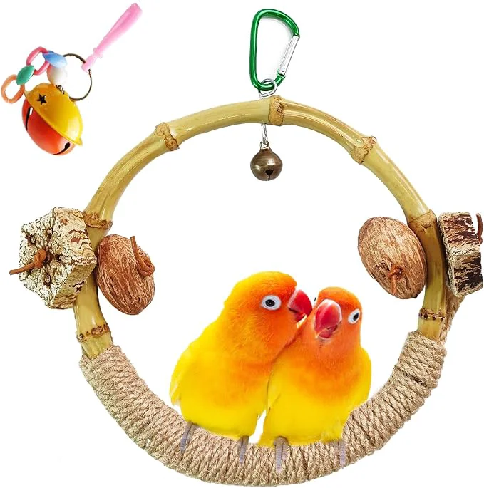 Expertly Made Circle Bird Swing with Bell Bamboo Parakeet Rope Perches Premium Material