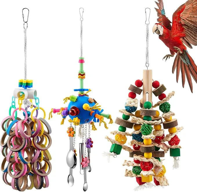 Organic 3 Pcs Extra Large Bird Parrot Toy Multicolored Natural Wooden Parrot Cage Original