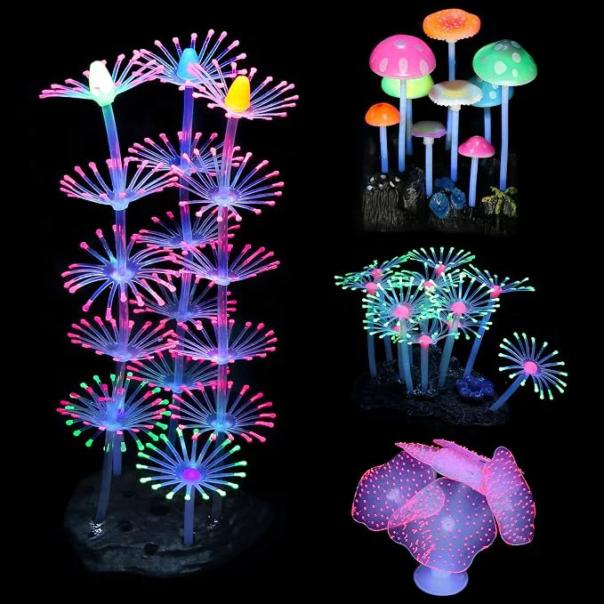 Traditional Lpraer 4 Pack Glow Aquarium Decorations Coral Reef Glowing Mushroom Anemone High-End