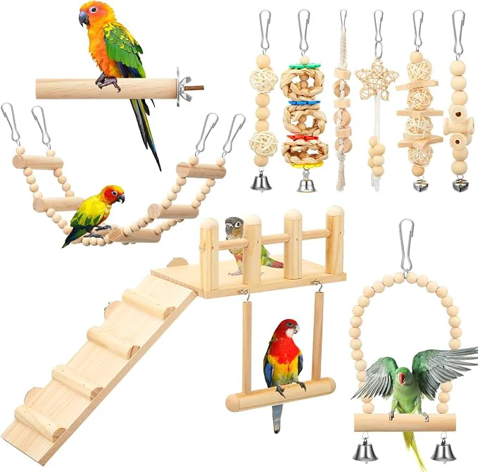 Convenient 10 Pcs Bird Toys for Parakeets Cage Accessories Parrot Swing Toys and Wooden Smart