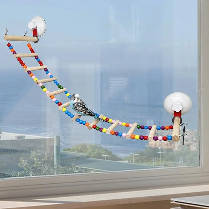 High-Performance FlidRunest Suction Cup Wooden Bird Perch Stand Toy Colorful Bird Parrot Ladder Quality