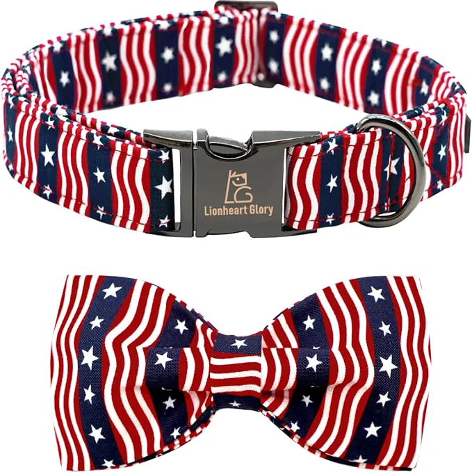 Classic Lionheart glory American Flag Dog Collar 4 of July Dog Bow Collar Heavy Duty Consistent