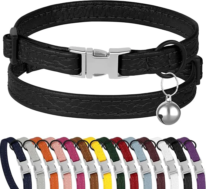 Reliable Leather Cat Collar with Buckle and Removable Bell Smooth