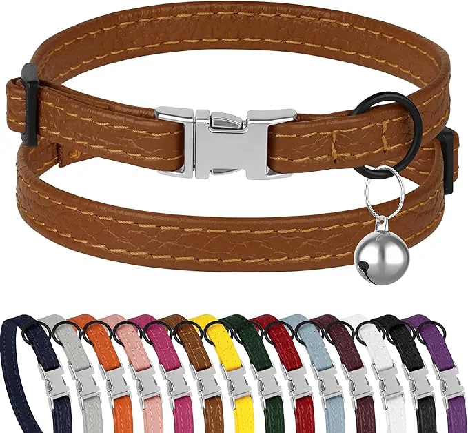 Detailed Leather Cat Collar with Buckle and Removable Bell High-Grade
