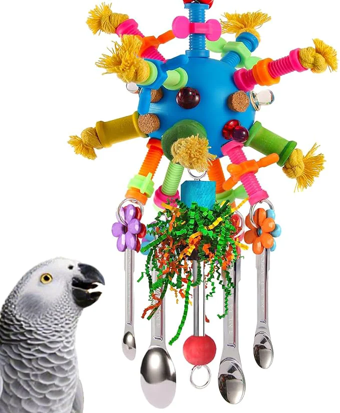 Sophisticated Parrot Toys Bird Toys Perch Pullable Stainless Steel Spoons Colorful Acrylic Powerful