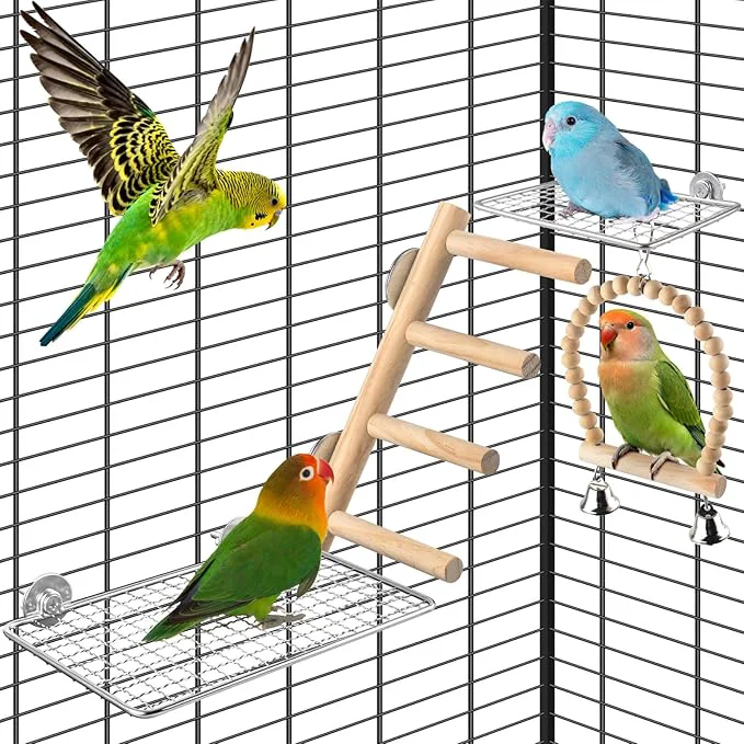 Pure 4Pcs Bird Perches Toys Stainless Steel Perch Platform Natural Wood Parrot World-Class