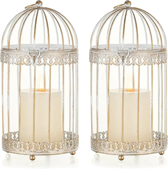 Next-Generation NUPTIO Decorative Bird Cage Lantern 2 Set of 10 inch Tall Rustic White Functional