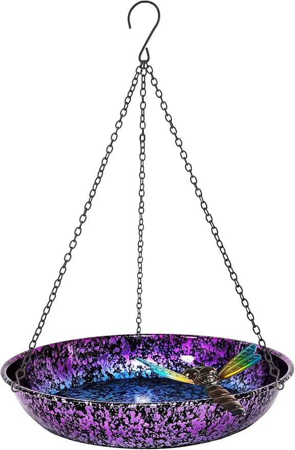 Sophisticated Hanging Bird Bath for Outdoor 11 Inch Colorful Purple Blue Metal Bird Feeder Artisan