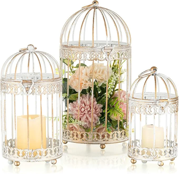 Prestigious NUPTIO Decorative Candle Lanterns White 3 Pcs Distressed White Metal Bird Cage Advanced