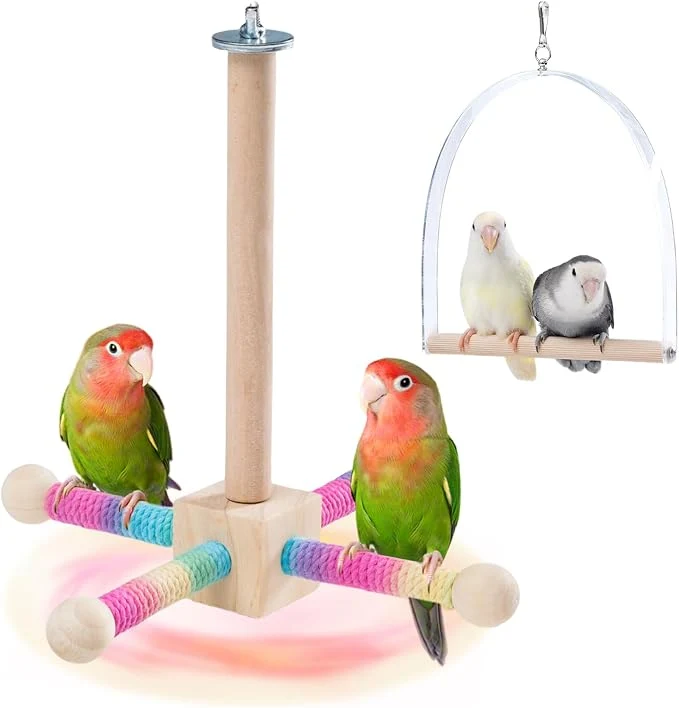Comfortable 9 Hanging Bird Perch Toy for Cage 360° Silent -Spin Wooden Bird Cage Prestigious