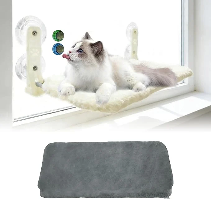 Safe Cat Window Perch Hammock - Foldable Cordless with 4 Suction Cups for Indoor Cats Space Saving Design Reversible Cover with Two Different Kinds of Fabrics 40Lbs Load Capacity 52CM About ThisOverview Modern