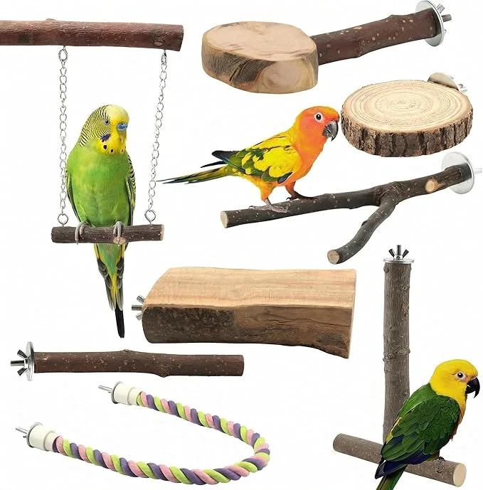 Genuine 8PCS Natural Wood Bird Perches Parrot Perch Stand Chewing Toy Stylish