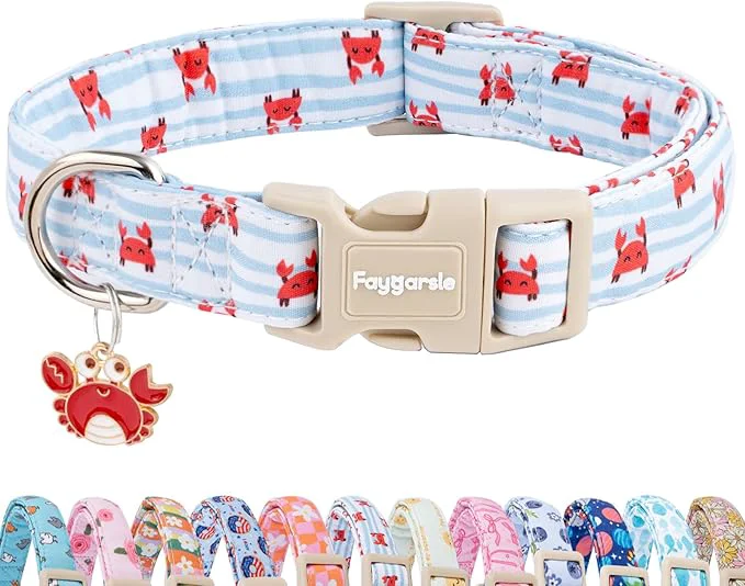 Casual Faygarsle Cute Crab Pattern Dog Collar Cotton Fabric Light Blue Stripes Original Design