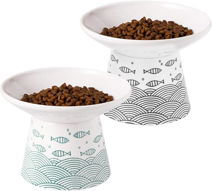 Solid OMAYKEY 6.25 Inch Extra Wide Ceramic Raised Cat Bowls d Cat Bowls for Food Water Wide Shallow Cat Food Dish Whisker Fatigue Stress Protect Spine Black Green FishAbout ThisOverview Refined