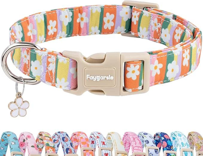 Certified Faygarsle Colorful Floral Dog Collar Cotton Fabric Authentic