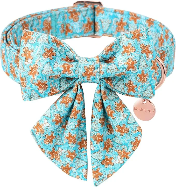 Breathable Christmas Dog Collar with Bow Tie Adjustable Gingerbread Pet Collar Chriatmas Powerful