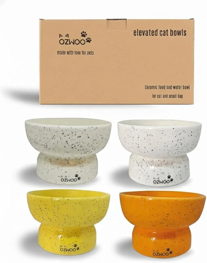Unique Ceramic Cat Bowls - d cat Bowl Anti-Vomiting Whisker Friendly Raised Cat Bowl Easy to Clean Non-Slip Suitable for Small Dogs - Pack of 2 White-Beige Orange-Yellow White-Beige About ThisOverview Proven