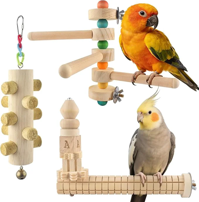 Environmentally Friendly 3pcs Natural Wood Bird Perch Toys Rotating Perch Stand L-Shaped Perches Sustainable