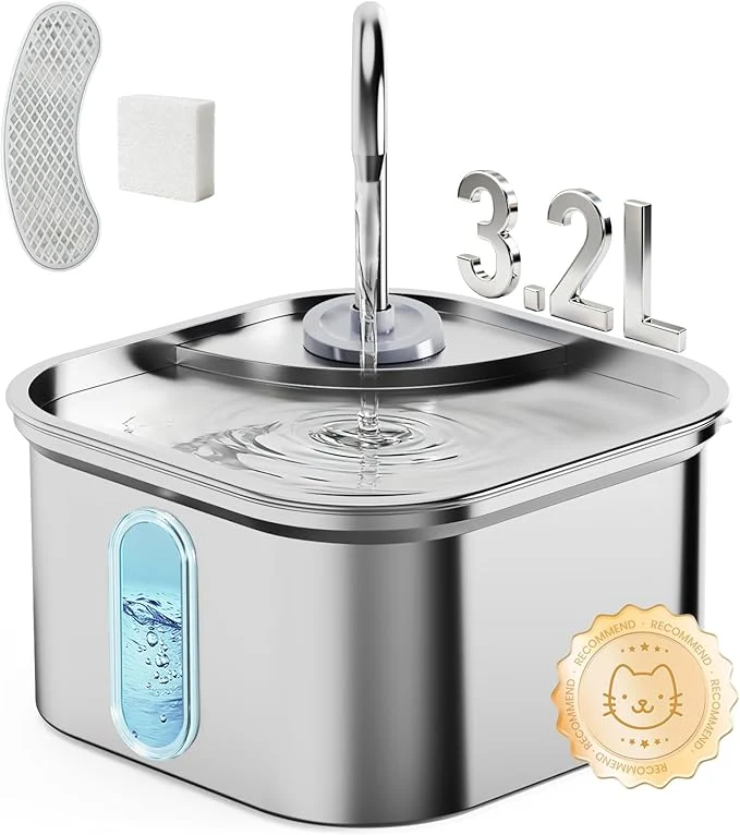 Relaxed Cat Water Fountain Stainless Steel 108oz 3.2L Quiet Automatic Cat Fountain for Drinking Safe Auto Shut-Off Large Square Pet Water Dispenser for Dogs Indoor with 1 FilterAbout ThisOverview Top-Quality