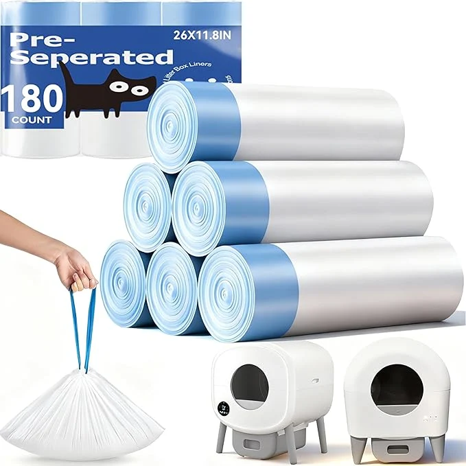Traditional 180 Count Automatic Cat Litter Box Bags Compatible with Cmg Fmo Fstg Robot Litter box Pre-Seperated Thick Self-Cleaning Cat Litter Box Liners with Drawstring Heavy Duty-26 x11.8 About ThisOverview Durable