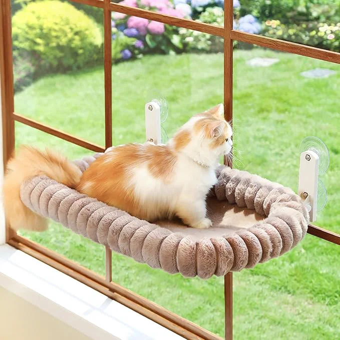 Enhanced Zakkart SnugCloud Foldable Cat Window Perch - Cordless Ultra Soft Machine Washable Bed with 4-Sided Bolster Metal Frame - Window Hammock for Large Cats and Kittens Brown Medium About ThisOverview Recyclable