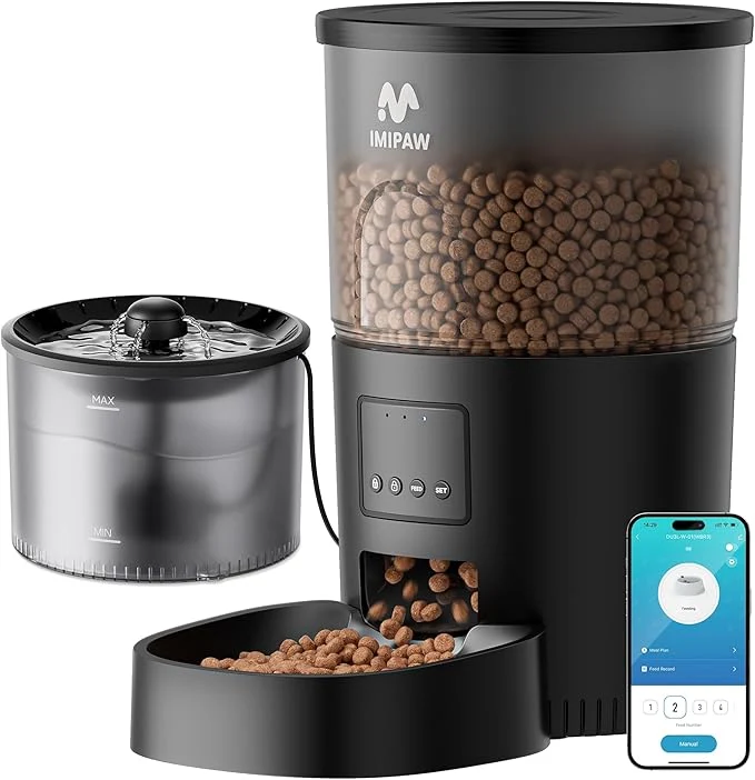 Detailed IMIPAW Automatic Cat Feeder 5G WiFi and Water Dispenser Timed Dry Food Lightweight