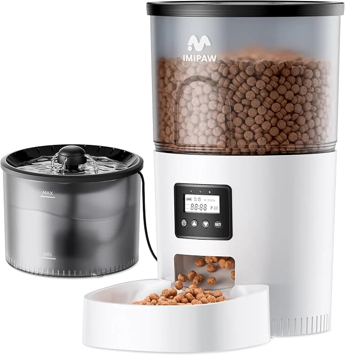 Authentic IMIPAW Automatic Cat Feeder and Water Fountain Timed Dry Food Dispenser Natural
