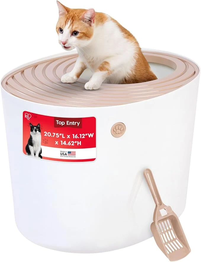 Safe IRIS USA Large Top Entry Cat Litter Box with Lid Enclosed Covered Hooded Design Litter Catching Scatter Shield Pan Dog Proof Pet Proof Scoop Included Odor Control for Indoor Cats Kittens Beige WhiteAbout ThisOverview Innovative