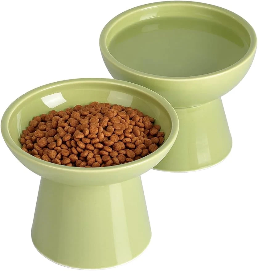 Sophisticated LoeJan d Cat Food and Water Bowls Set Extra Wide and Raised Ceramic Feeder Anti-Vomit Whisker- Pressure Feeding Bowl for Kittens Adult Cats Small Dogs Green Bowl Set About ThisOverview