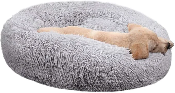 Stylish BODISEINT Faux Fur Dog Bed Shag Round Anti-Anxiety Pet Calming Doughnut Cuddler for Medium Large Puppy Dog Cat Kennel Cushion - Self Warming 28'' D x 8 H Light Grey About ThisOverview Authentic