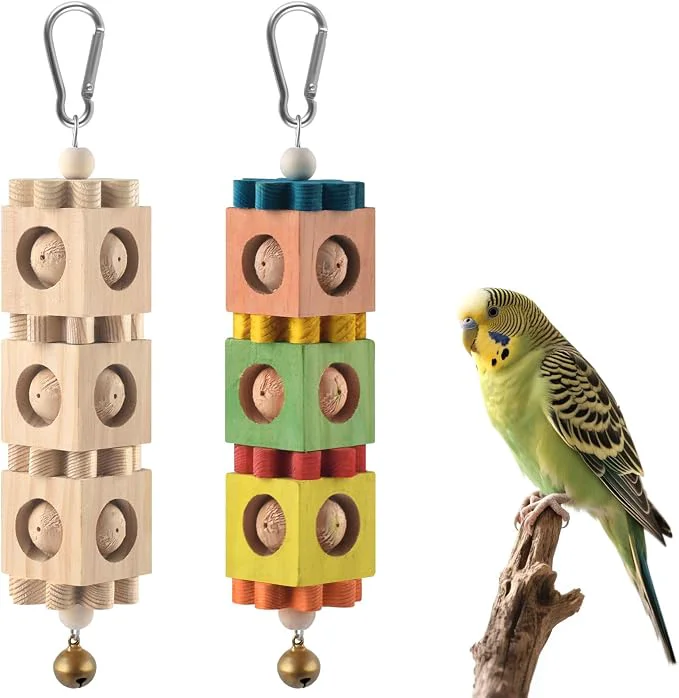 Reliable 2Pcs Bird Chew Toys for Beak Grinding Hanging Rotating Wood Block High-End