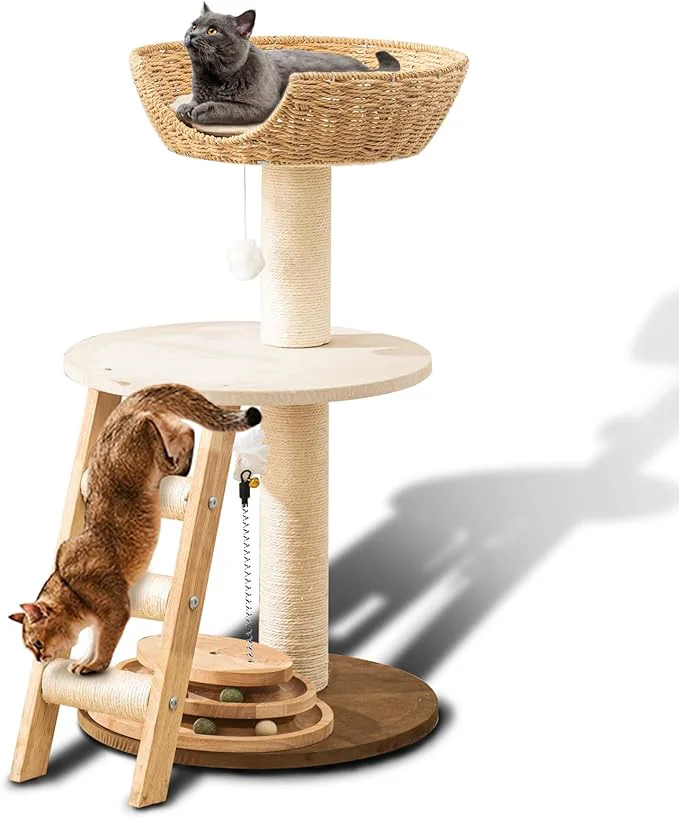 Durable Natural Wood Modern Cat Tree Functional