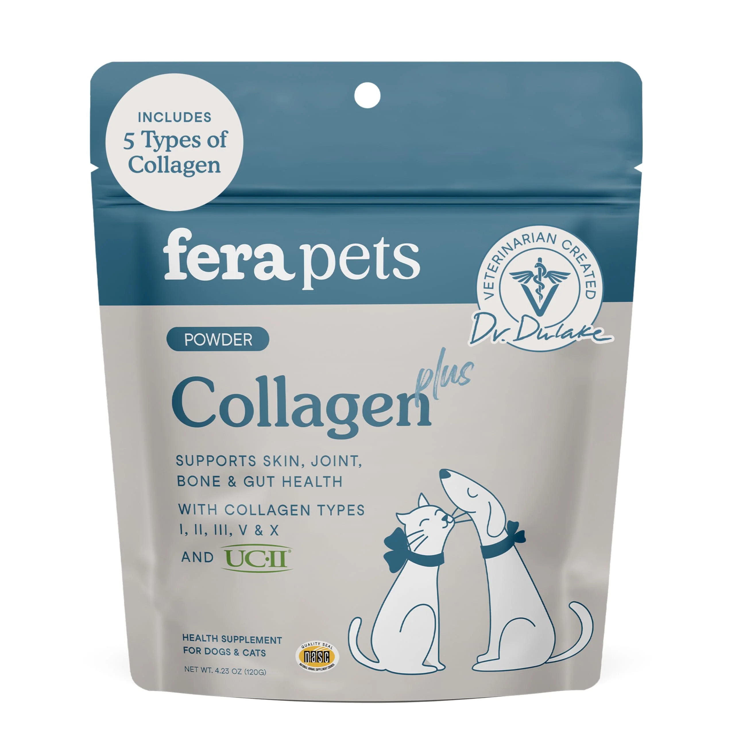 Crafted Fera Pets Cat Dog Collagen Powder - 5 Types of Collagen UC-II® - Joint Skin Gut Support - 4.23 oz Elite