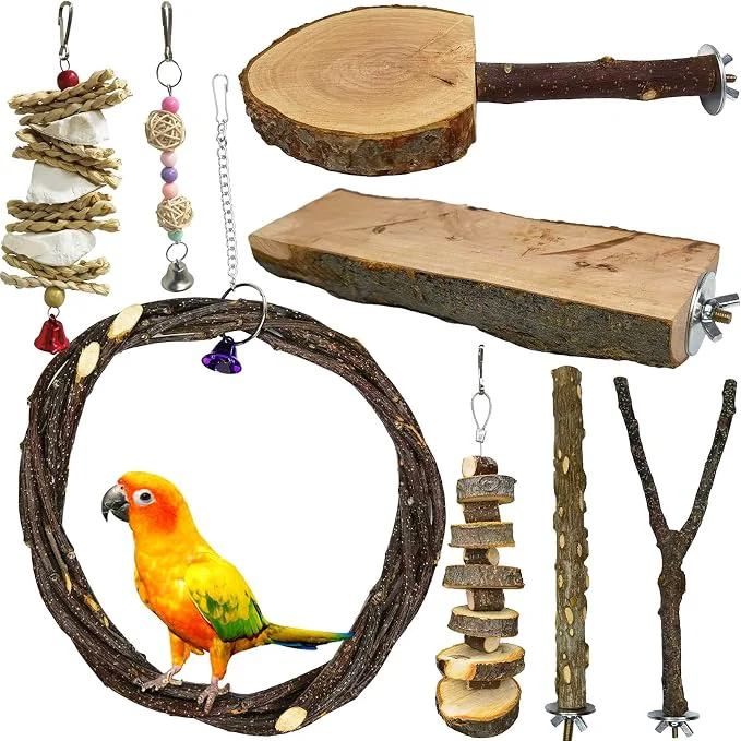 Environmentally Friendly kathson 8PCS Wood Bird Perch Natural Parakeet Perches Bird Swing Chew Toys Convenient