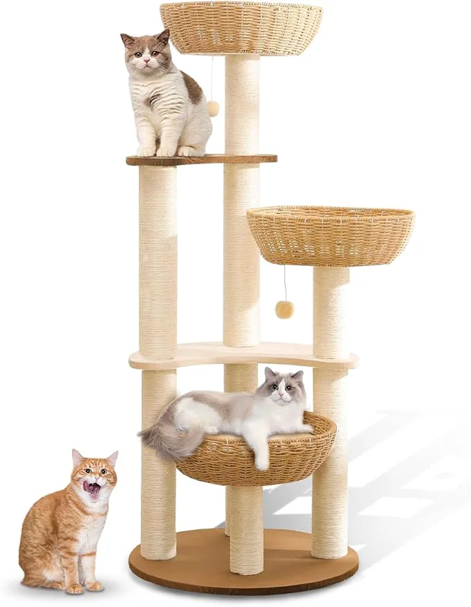 Secure 52 Modern Cat Tree Tower for Large Cats 3Cat Nests Manual Hand Woven Contemporary