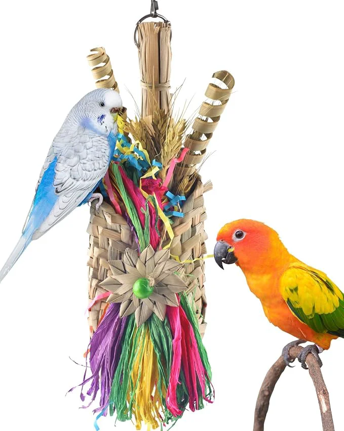 Quality Bissap Bird Chew Toys Parrot Foraging Shredder Natural Palm Frond Woven Bag Powerful