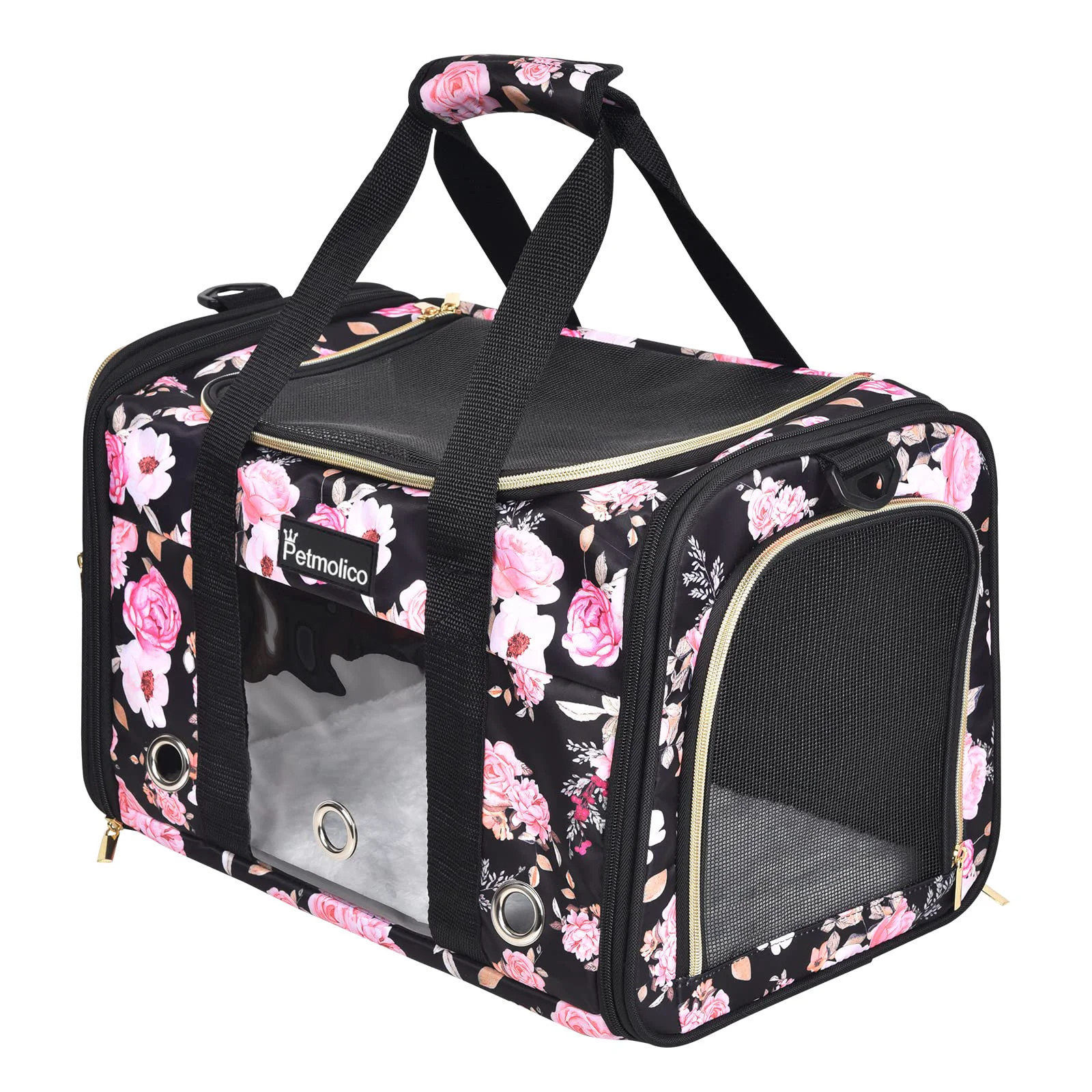 Casual Petmolico Cat Carrier Soft-Sided Travel Bag – Large Pink Peony 20x13x13 Up to 22 lb 3 Open Doors Luxury