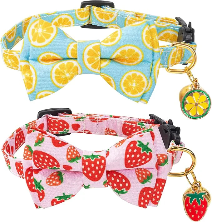 Responsible Breakaway Cat Collar with Cute Bow Tie Bell 2Pack Lemon Strawberry Summer Fine
