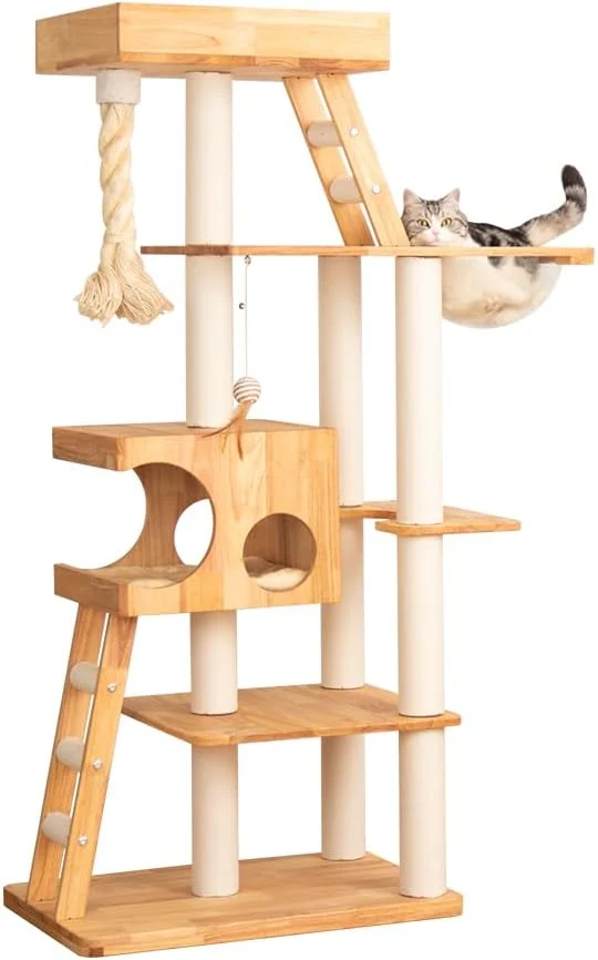 Contemporary Wood Cat Tree for Large Cats 62-Inch Tall Modern Cat Tower Fine Crafted